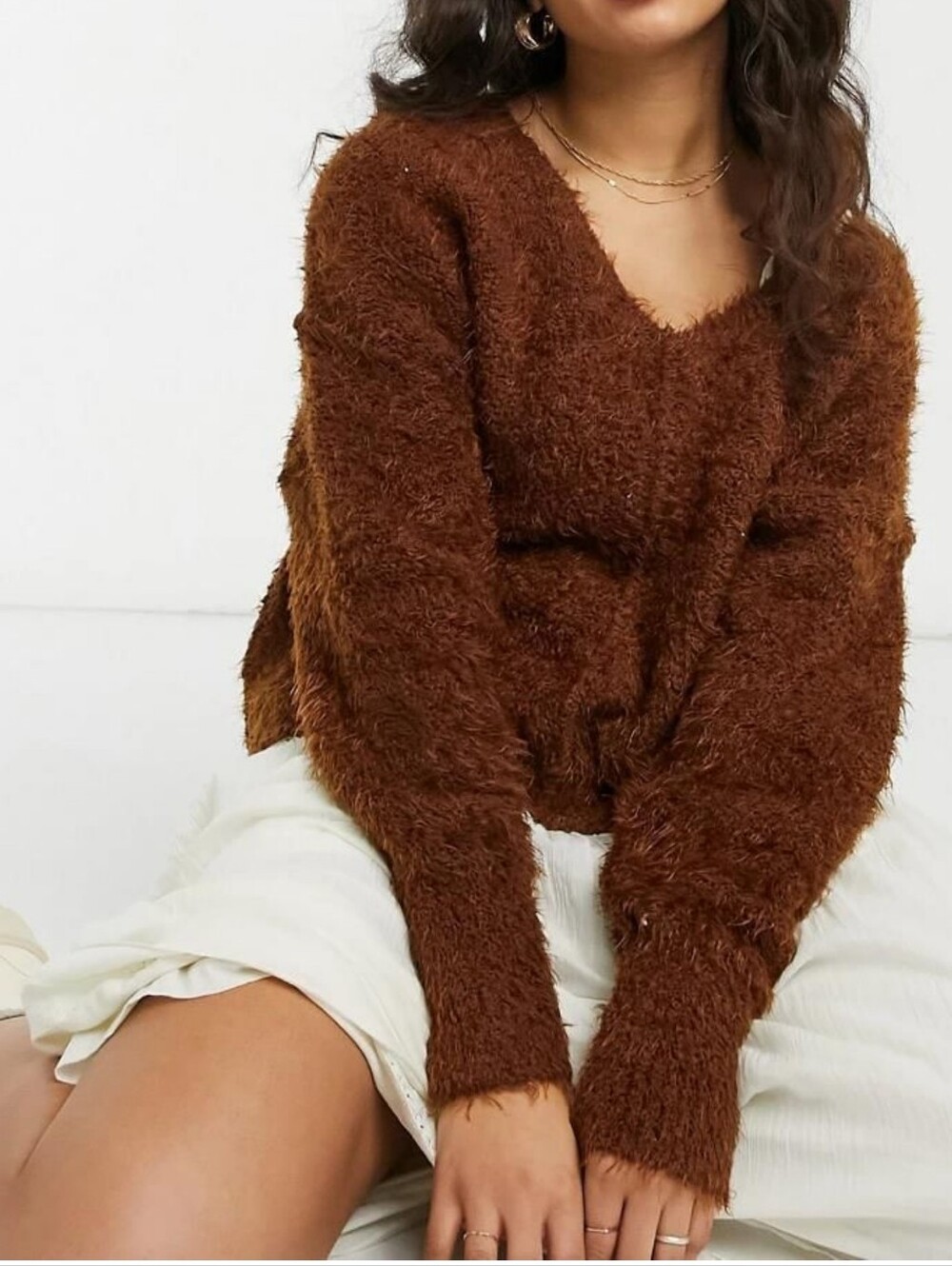 Free People Mocha Brown Icing Slouchy Fuzzy Shaggy Eyelash Knit Sweater Small